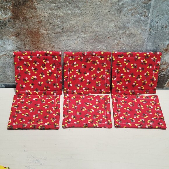 Fabric Coasters Mug Rugs Set of 6 Cotton Red Floral - Picture 2 of 8